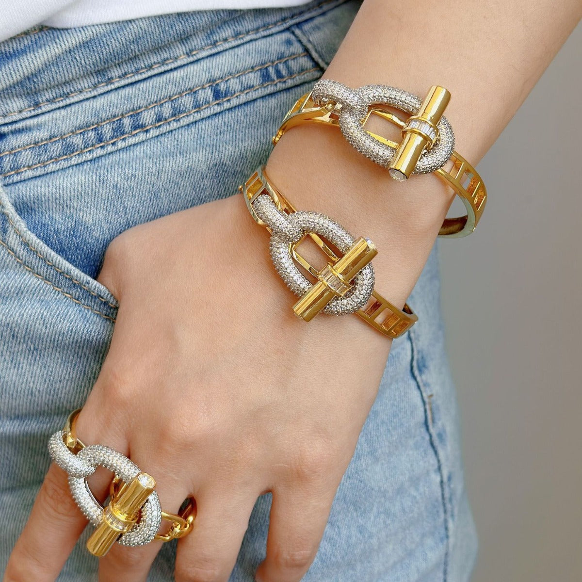 Two Tone Lock Gold Silver CZ Anti Tarnish Openable Kada Bracelet Bulk