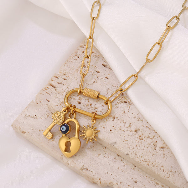 Evil Eye Sun Key Lock Charm 18K Gold Stainless Steel Anti Tarnish Enamel Link Chain Necklace For Women Main image