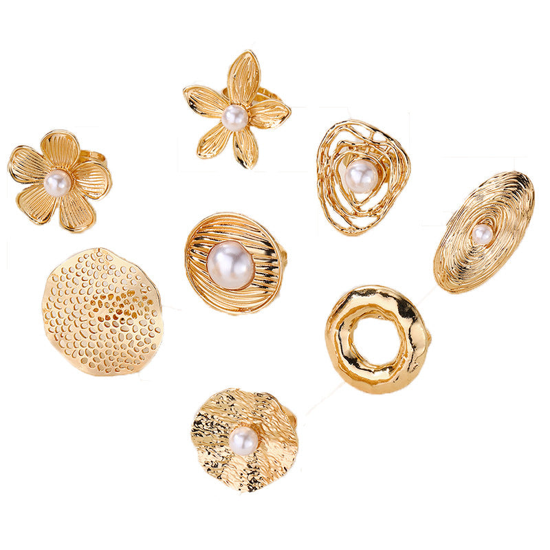Oval Beaten Finish Pearl 18K Gold Plated Free Size Ring For Women
