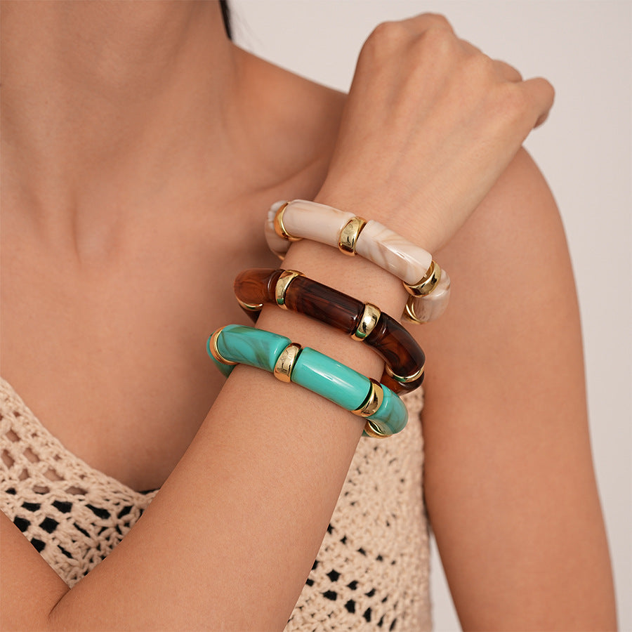 Acrylic Bamboo 18K Gold Blue Beads Stackable Adjustable Bracelet Bulk