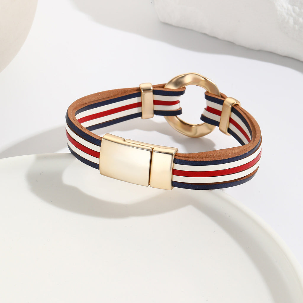 White Red Blue 18K Gold Leather Strand Bracelet Wrist Band Women Bulk