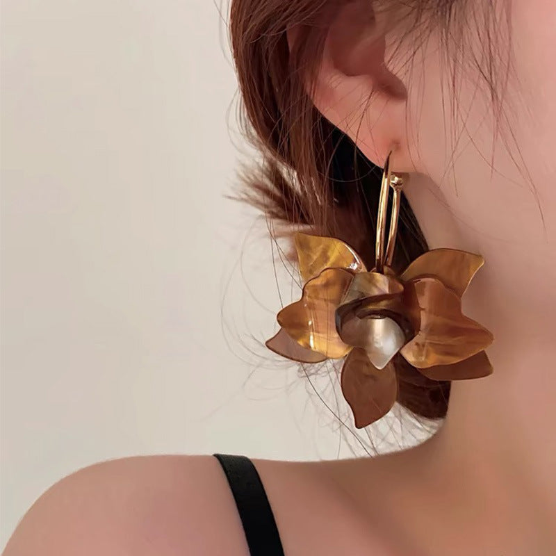 Flower White Green Brown 18K Gold Anti Tarnish Hoop Earrings Bulk
