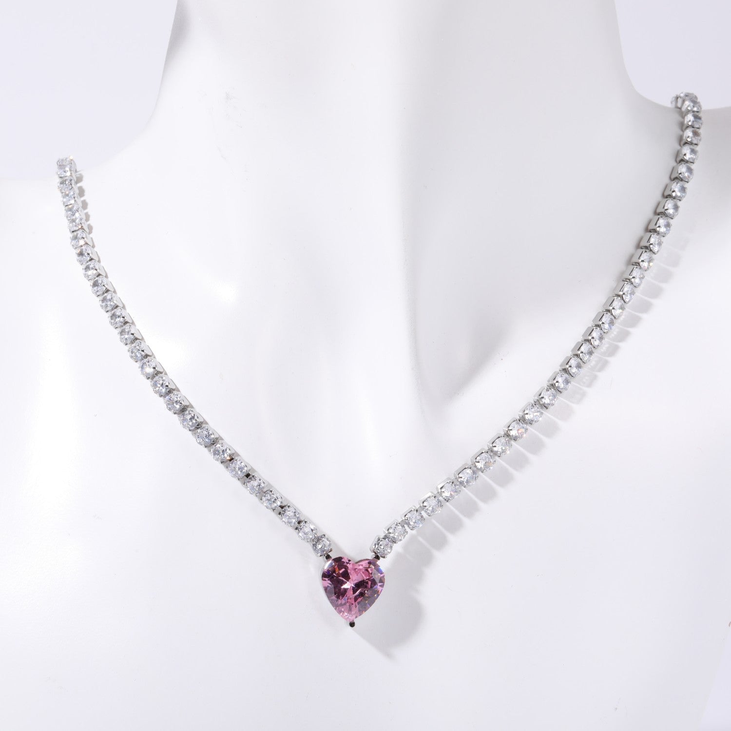 Heart Solitaire Silver Pink Cubic Zirconia Crystal Stainless Steel Anti Tarnish Necklace Chain For Women Main image