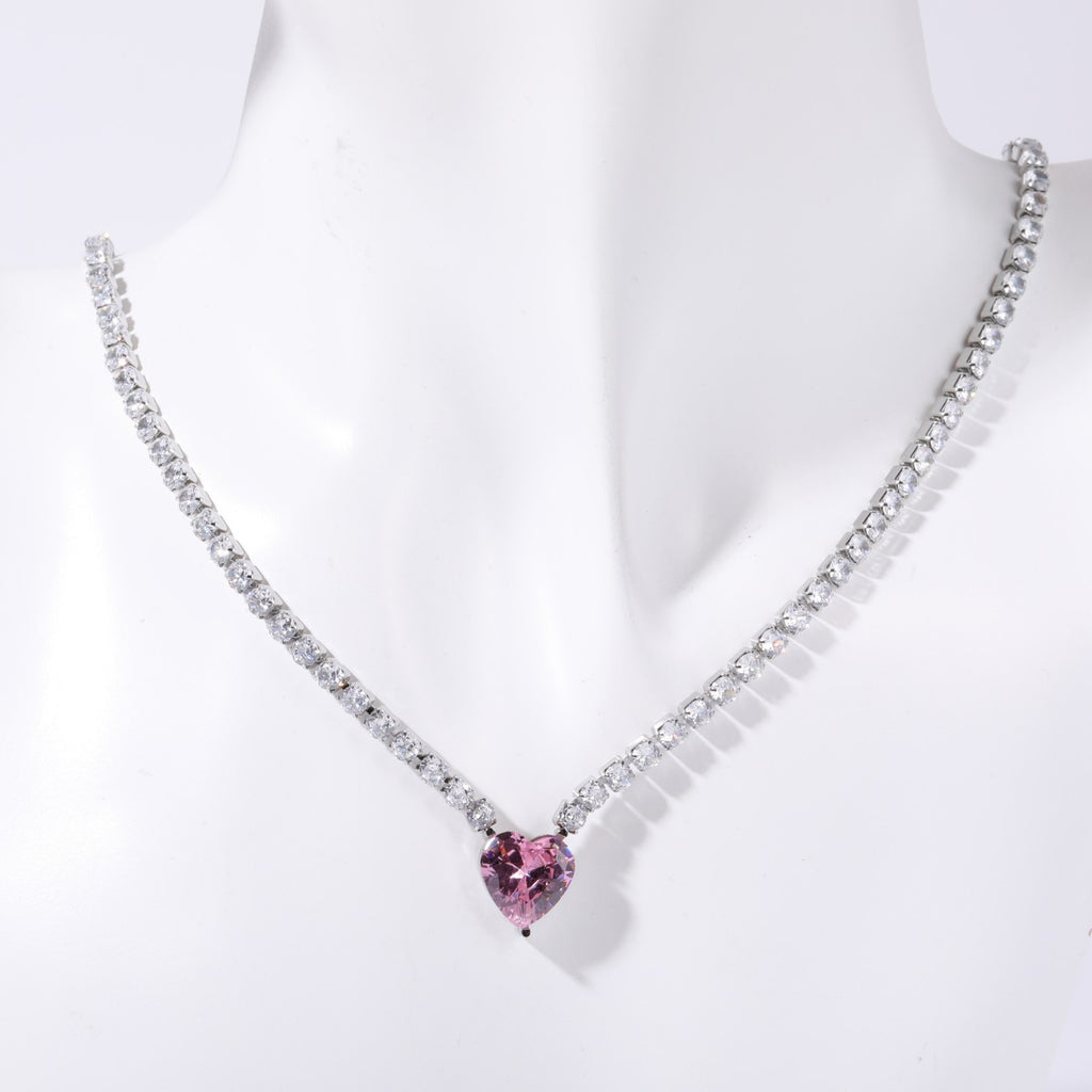 Heart Solitaire Silver Pink Cubic Zirconia Crystal Stainless Steel Anti Tarnish Necklace Chain For Women