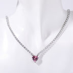 Heart Solitaire Silver Pink Cubic Zirconia Crystal Stainless Steel Anti Tarnish Necklace Chain For Women