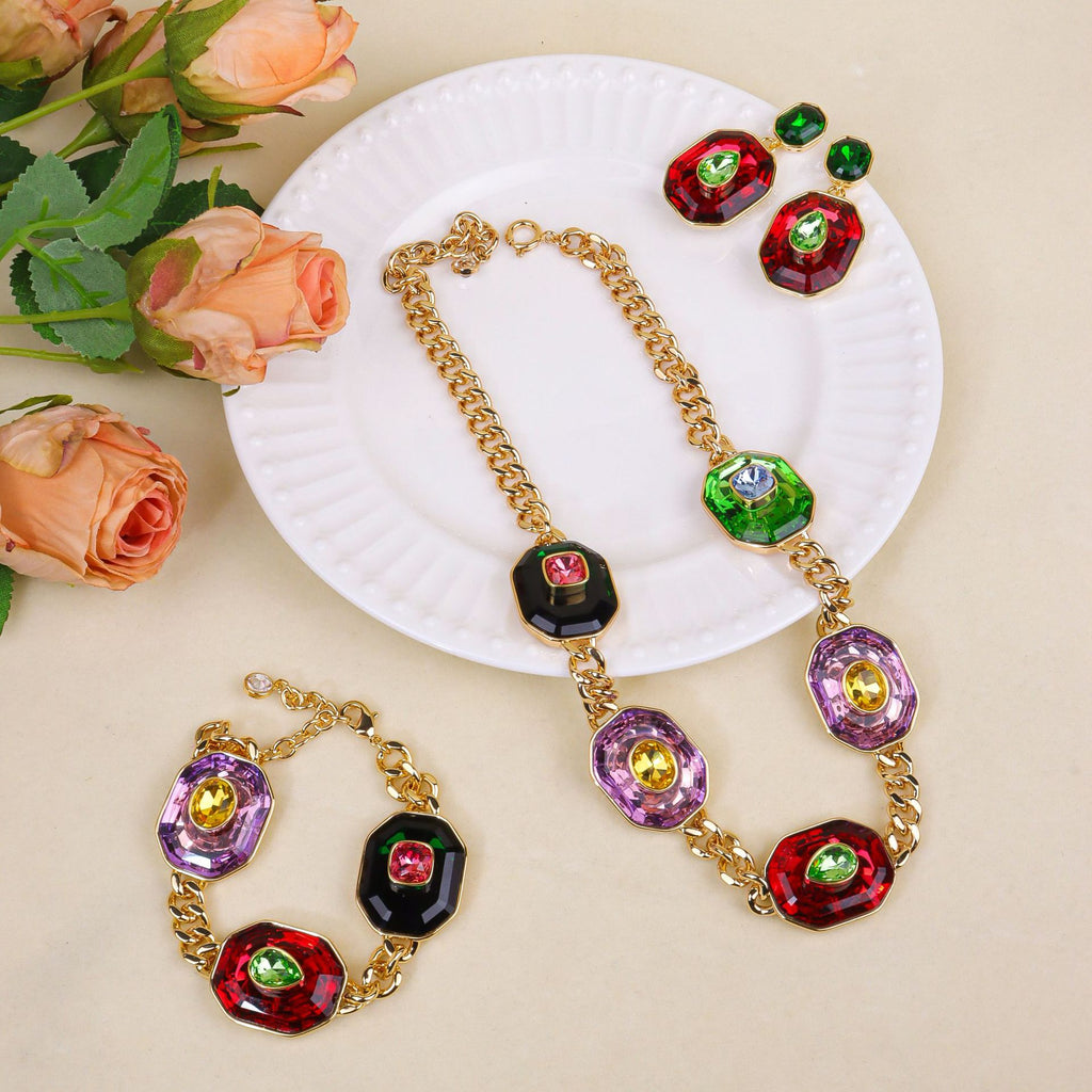 Multi Color Designer Chunky Chain Gold CZ Copper Necklace Combo Set Bulk