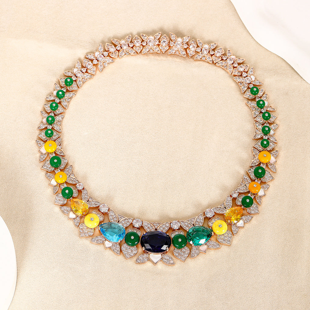 Rainbow Flower Solitaire 18K Gold Multi Gemstone Cubic Zirconia Anti Tarnish Necklace Earring Set For Women