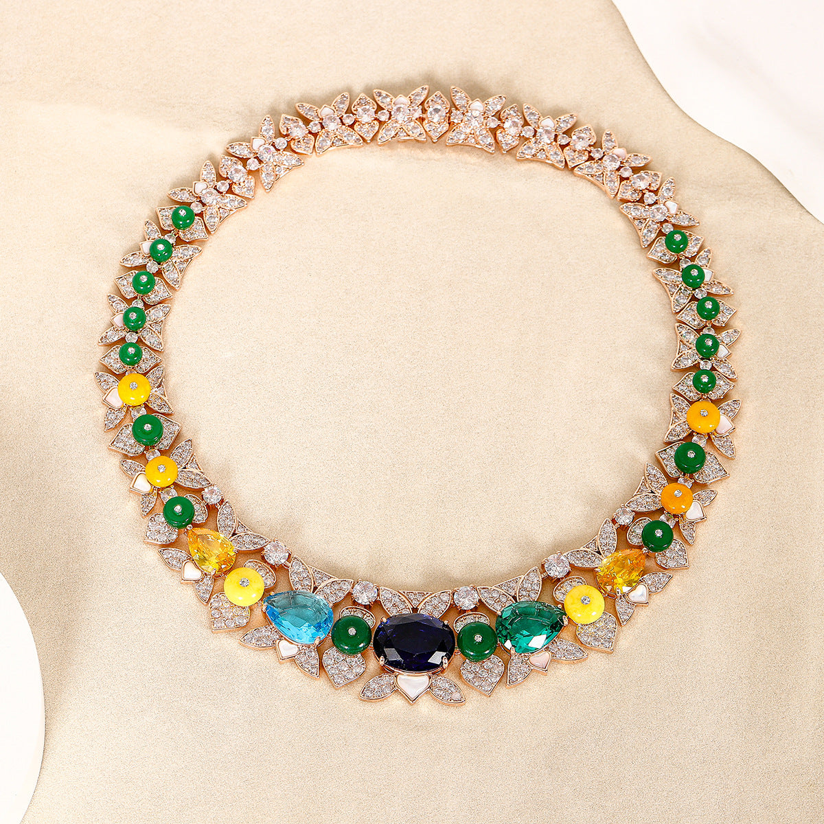 Rainbow Flower Solitaire 18K Gold Multi Gemstone Cubic Zirconia Anti Tarnish Necklace Earring Set For Women