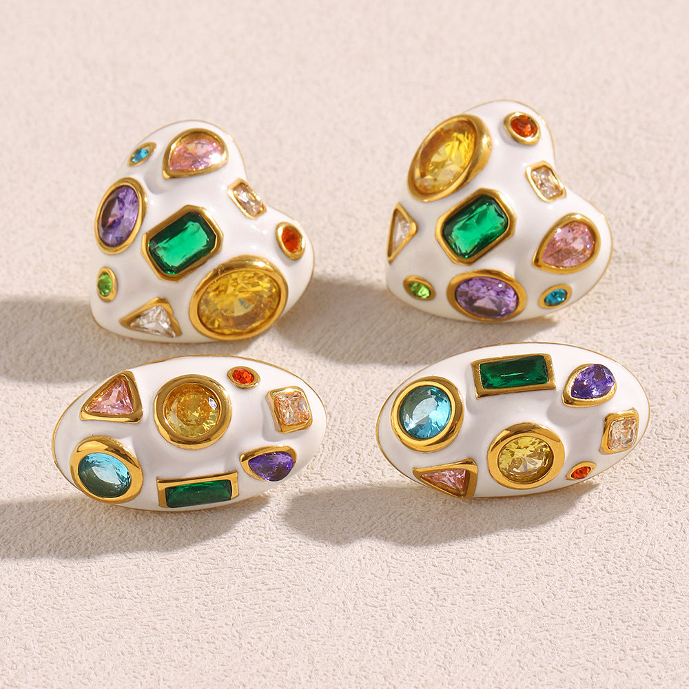 Heart Oval 18K Gold CZ Enamel Stainless Steel Stud Earring Pair Bulk