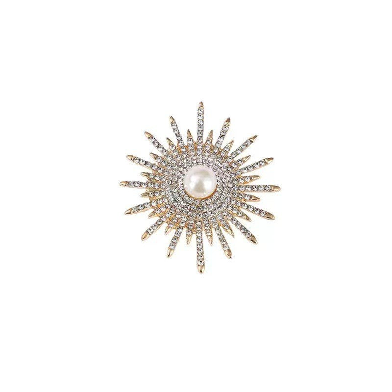 Designer Sunburst Gold Silver Plated CZ Pearl Alloy Brooch Wholesale