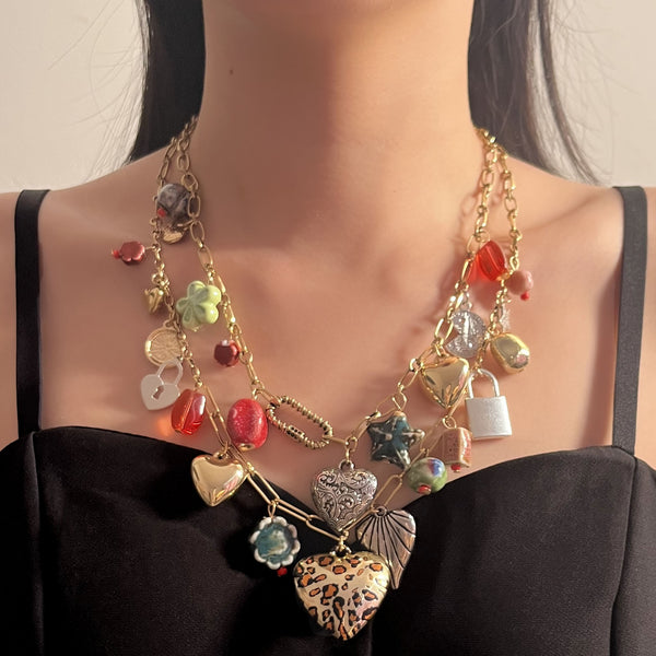Dual Layer 18K Gold Heart Various Pieces Of Charm Necklace Women Bulk Secondary image