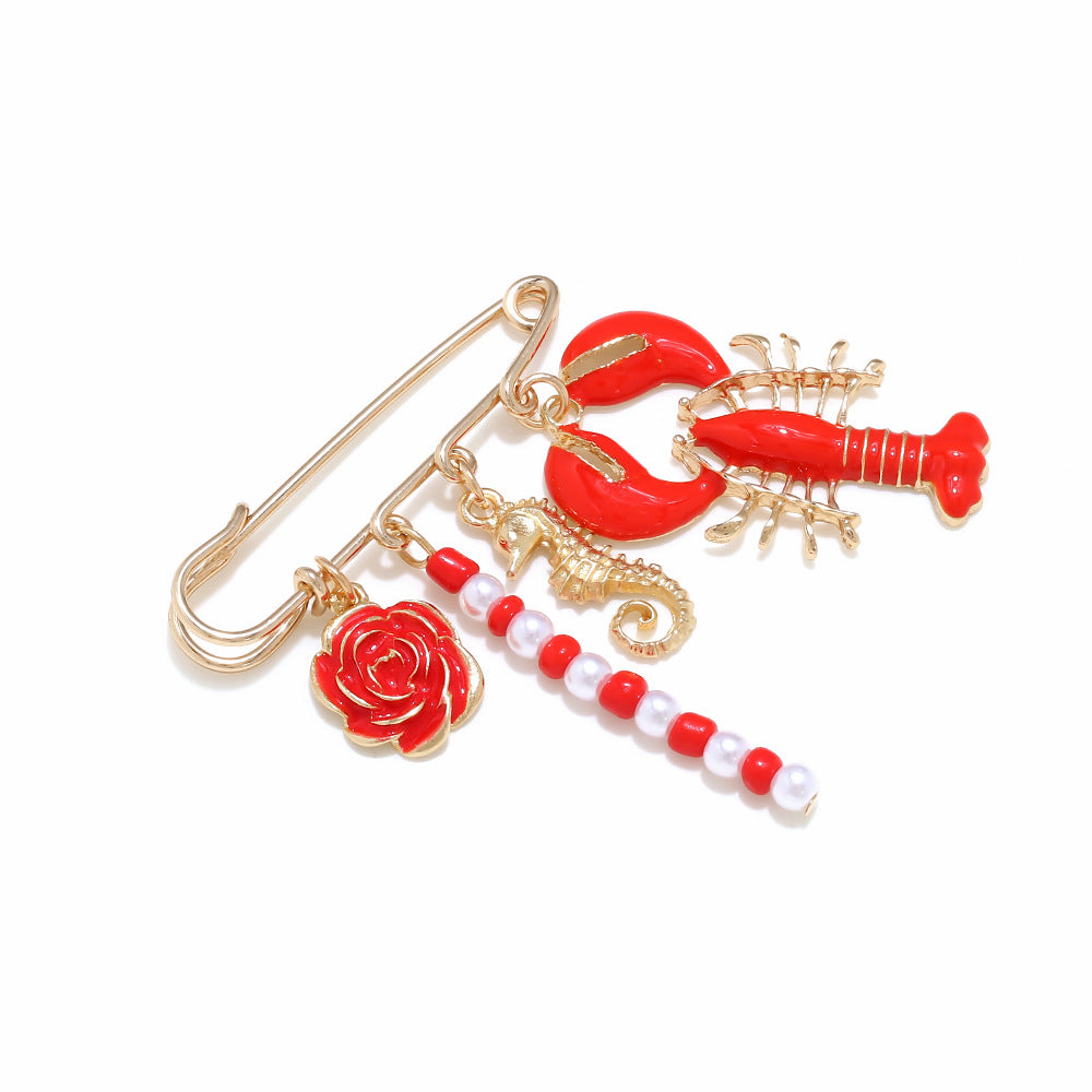 Red Lobster,Seahorse,Rose Gold Enamel Brooch For Women Bulk