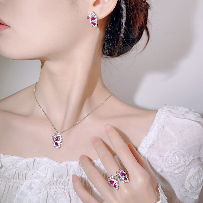Butterfly Pink Silver CZ Anti Tarnish Necklace Earring Ring Set Bulk