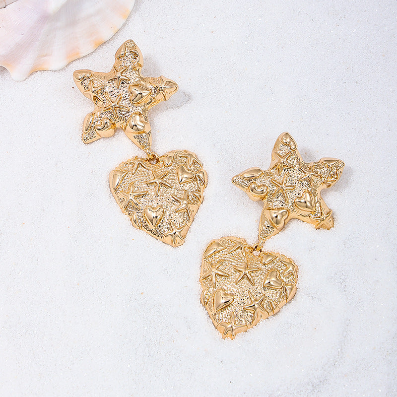 Star Fish Heart Beaten Finish 18K Gold Dangler Earring For Women Bulk Main image