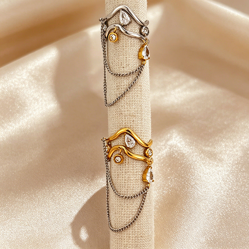 Dual Tone Gold Silver CZ Crystal Chain Stainless Steel Cocktail Ring Bulk
