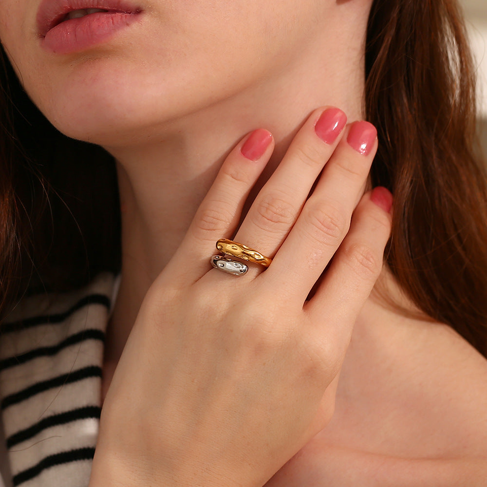 Beaten Finish Tow Tone Gold Silver Stainless Steel Free Size Ring Bulk