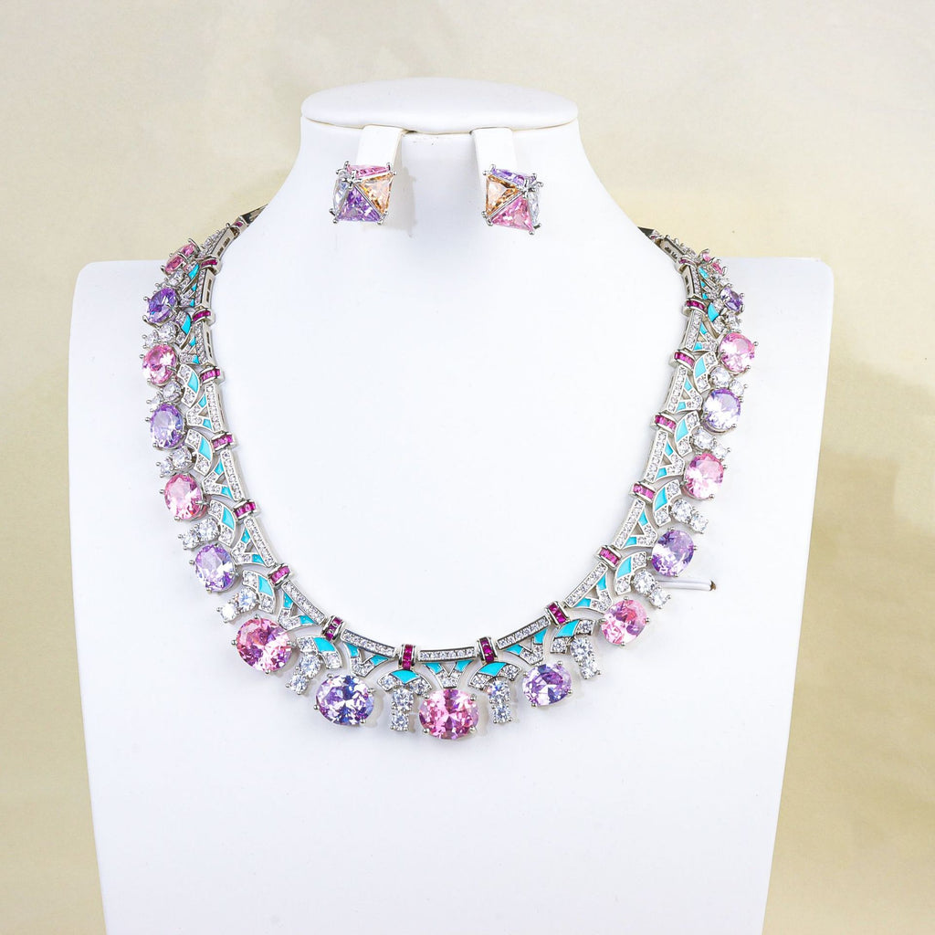Luxury Silver Tone Pink Purple White CZ Copper Necklace Earring Set Bulk