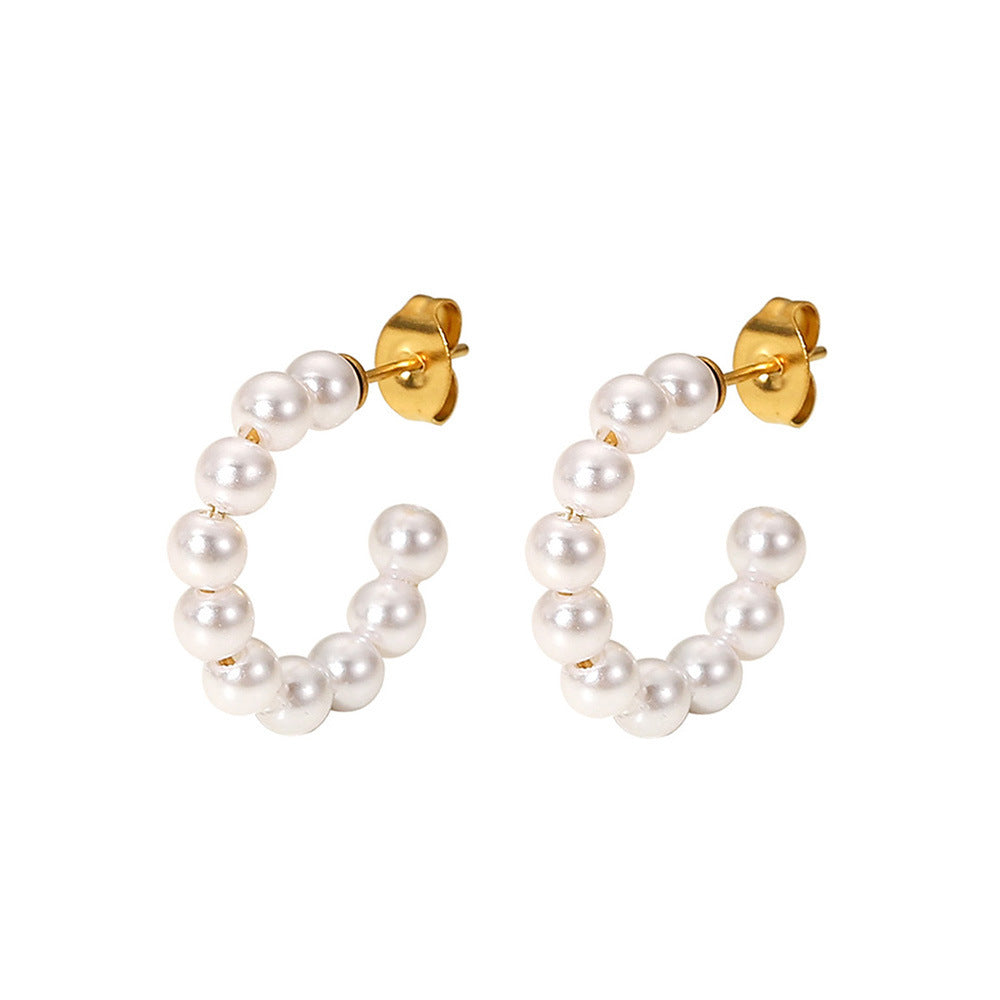 White Elegant Faux Gold Plated Pearl Stainless Steel Hoop Earrings Bulk