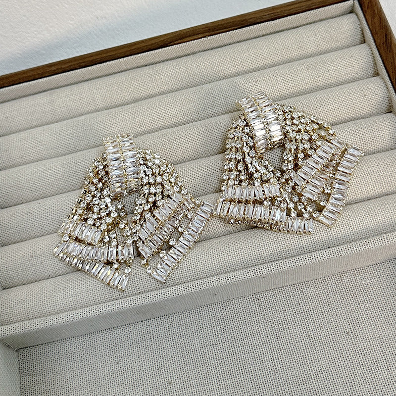 Sparkling Diamond Zircon Baguette Gold CZ Layer Dangler Earring Bulk