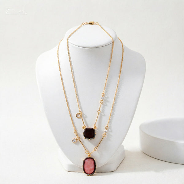 Double Layer Pink Brown Gemstone Geometric Gold Rhinestone Necklace Bulk Secondary image