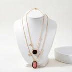 Double Layer Pink Brown Gemstone Geometric Gold Rhinestone Necklace Bulk