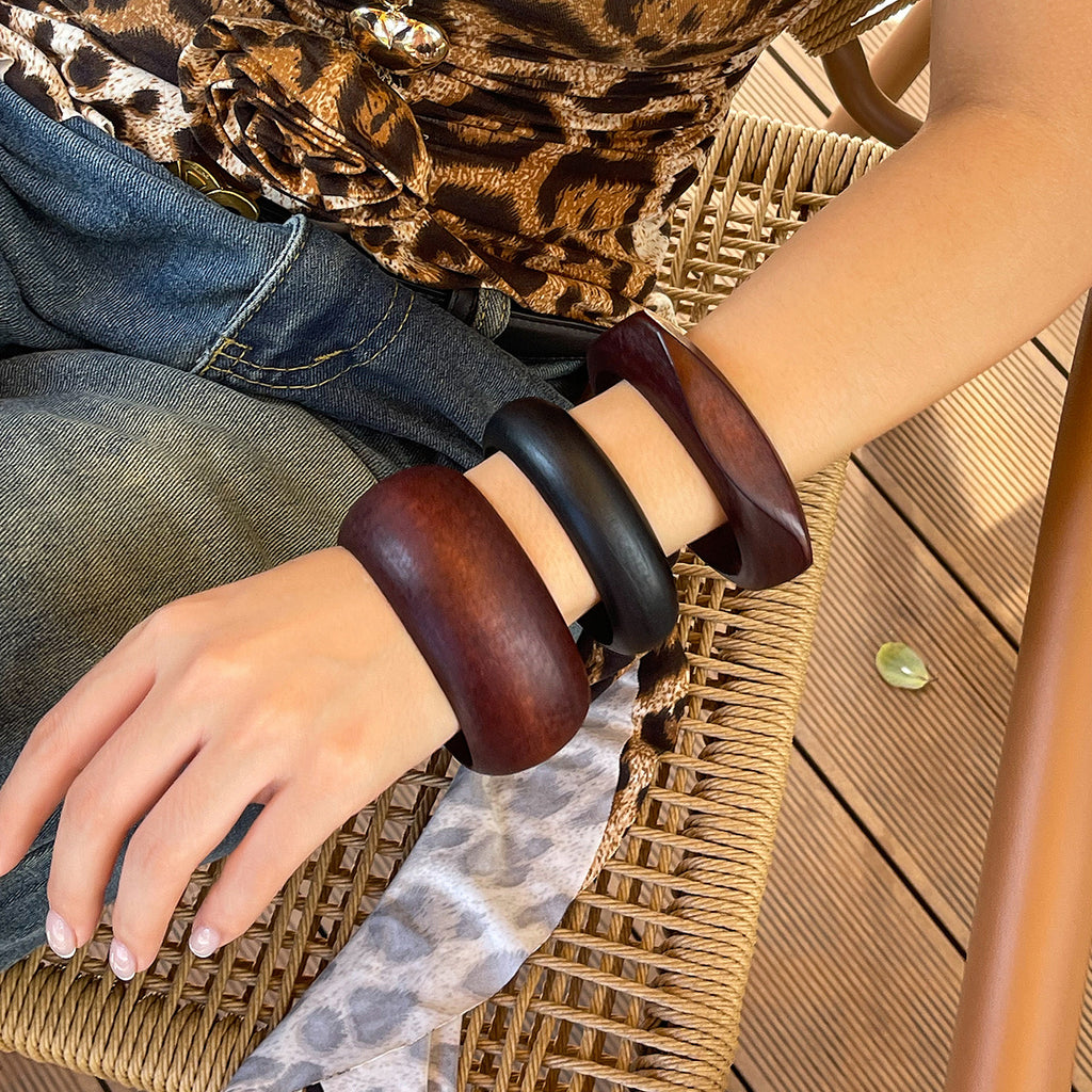 Round Wooden Black Brown Cuff Kada Bracelet For Women Bulk