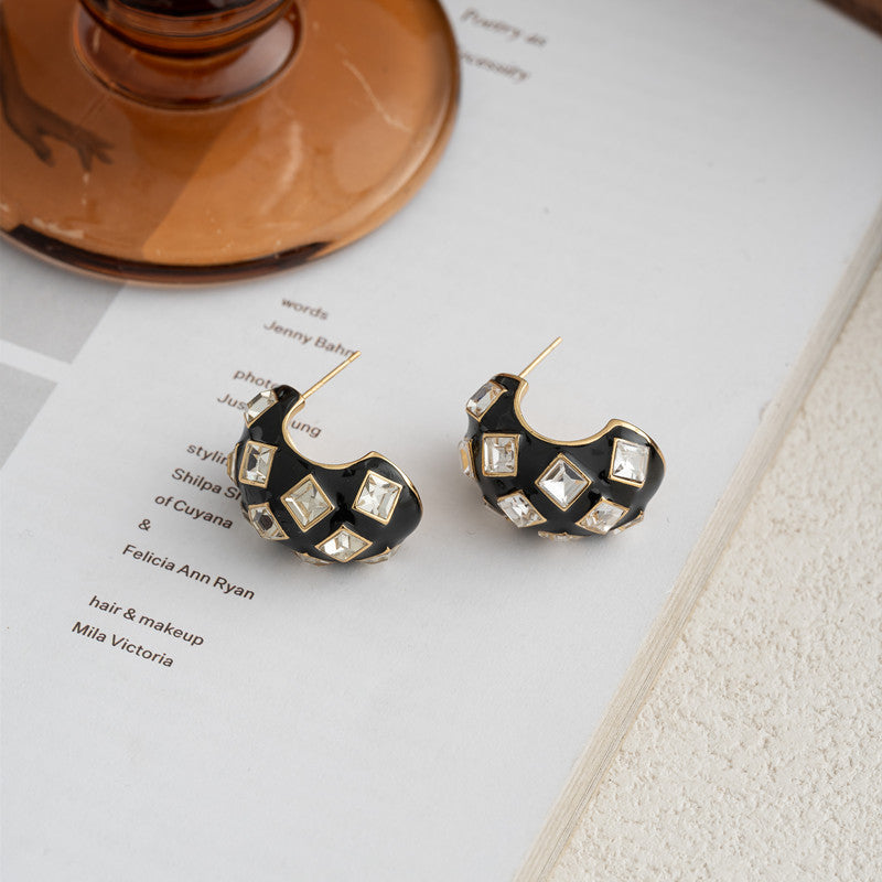 Black 18K Gold Enamel Cubic Zirconia Anti Tarnish Hoop Earring Bulk