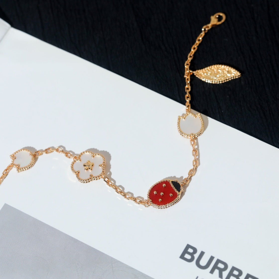 Lady Bug Clover Leaf Mother Of Pearl 18K Gold Charm Link Chain Bracelet For Women