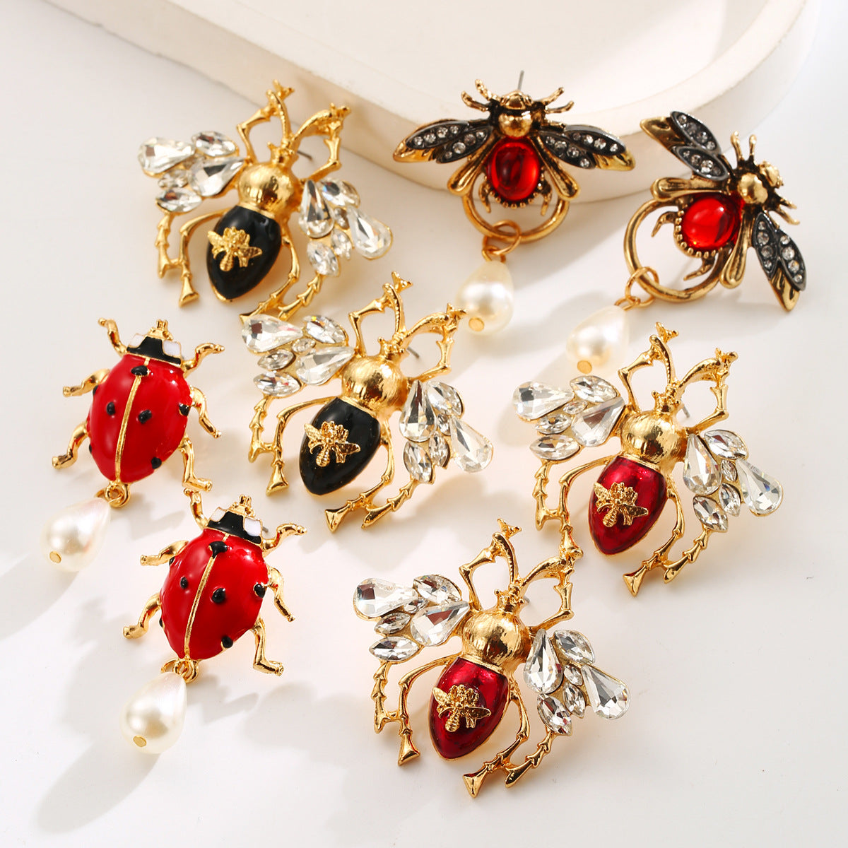 Multi Color Ladybug & Bee Gold Plated Enamel Drop Earrings Women Bulk Main image