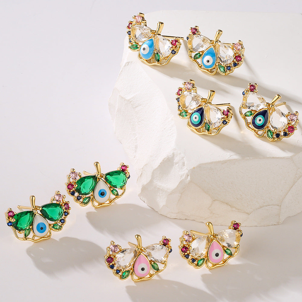 Multi Color Evil Eye Gold Cubic Zirconia Copper Stud Earrings Women Bulk