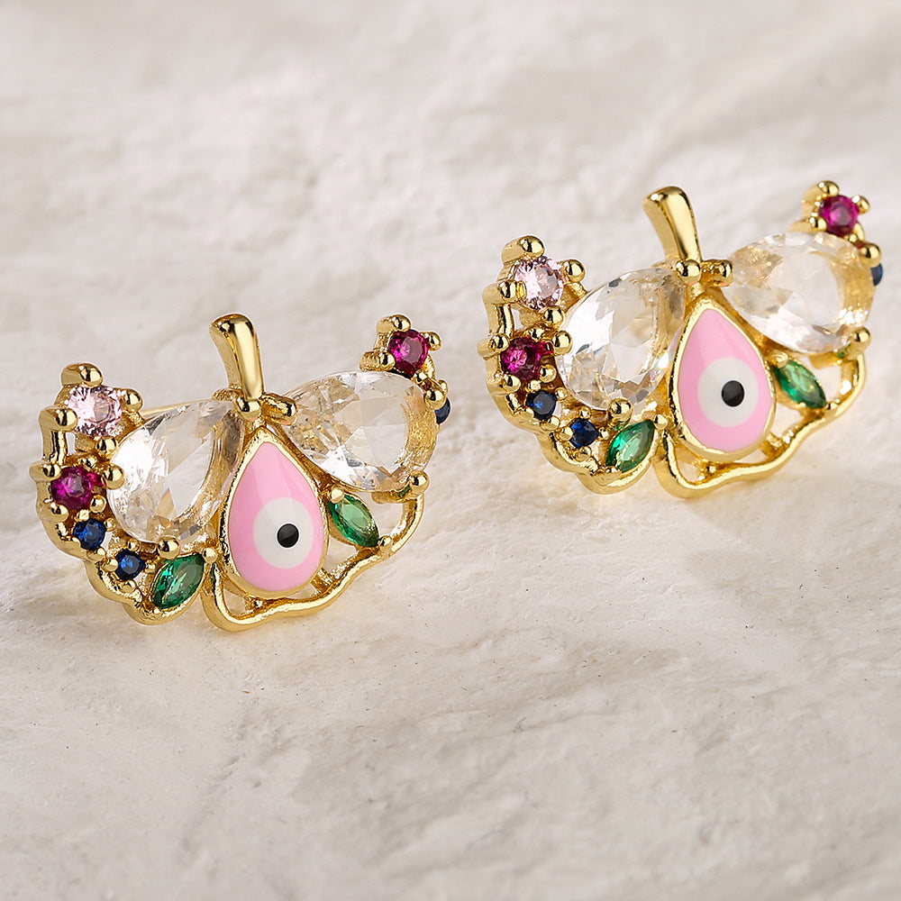 Multi Color Evil Eye Gold Cubic Zirconia Copper Stud Earrings Women Bulk
