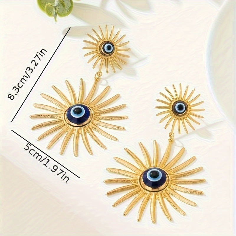 Dual Sun Flower Evil Eye 18K Gold Dangler Earring For Women Bulk