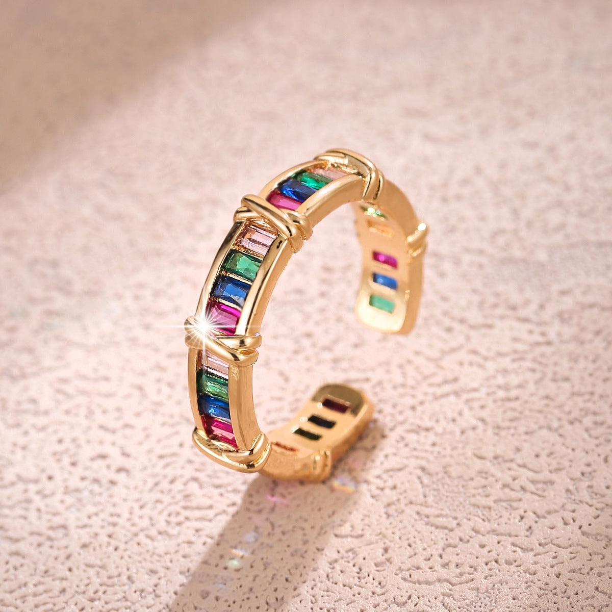 Luxury Gold Plated Multi Color Baguette Open CZ Copper Fancy Ring Bulk