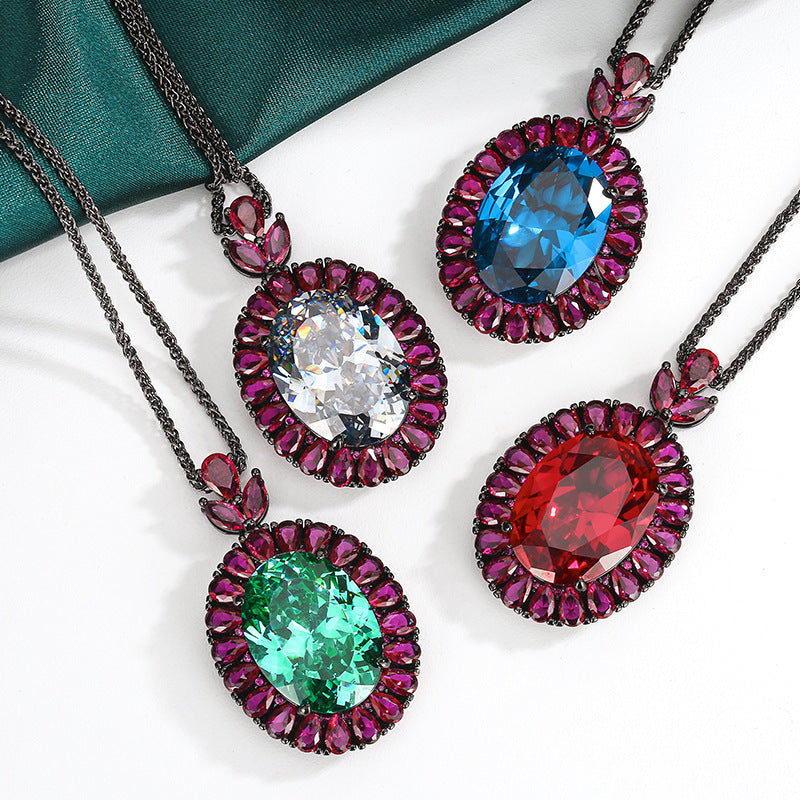 Antique Style Oval Black CZ Anti Tarnish Copper Pendant Chain Wholesale
