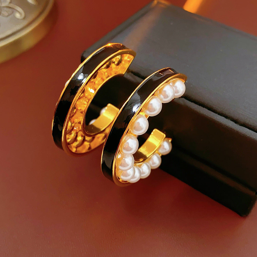 Pearl 18K Gold Black Enamel Anti Tarnish Hoop Earring For Women Bulk