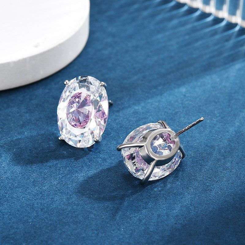 Luxury Purple Oval Silver CZ Anti Tarnish Copper Stud Earrings Bulk
