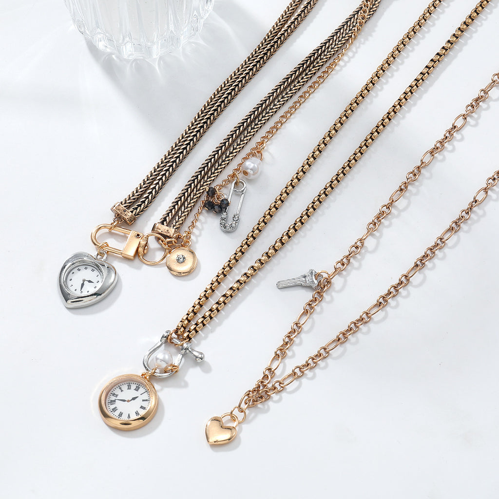 Multi-Layered Vintage Watch & Heart Charm Gold Silver Necklace Bulk