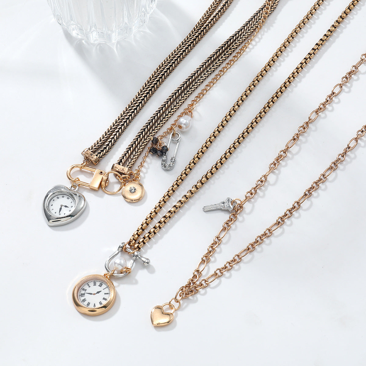 Multi-Layered Vintage Watch & Heart Charm Gold Silver Necklace Bulk
