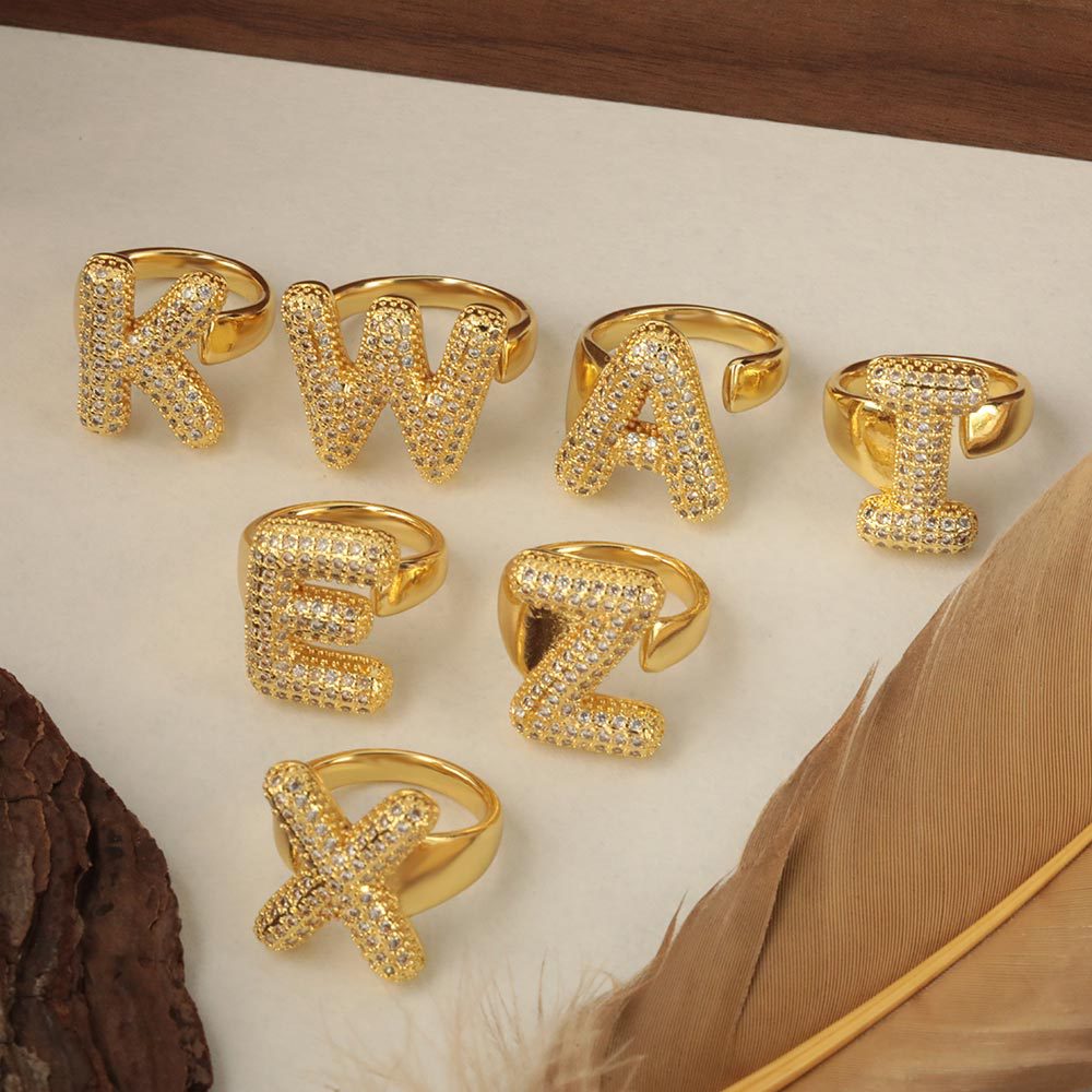 All Initial Letter Alphabets CZ Gold Anti Tarnish Adjustable Ring Bulk