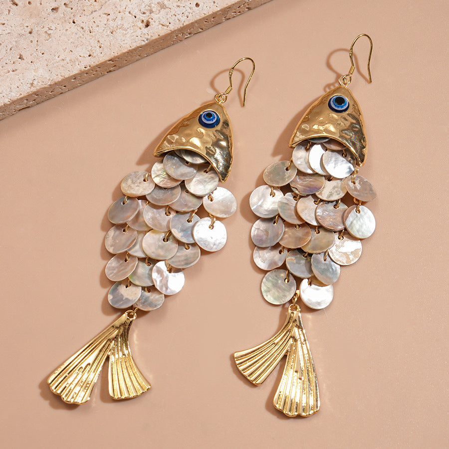 Gold Silver Fish-Shell Mother of Pearl Alloy Dangler Earrings Bulk