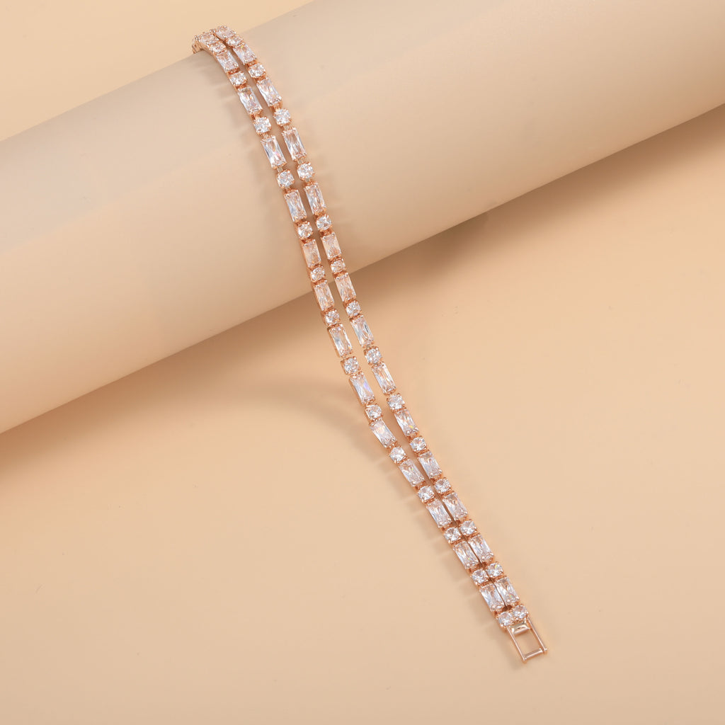 Wholesale Layered Baguette Rose Silver Yellow Gold CZ Copper Bracelet