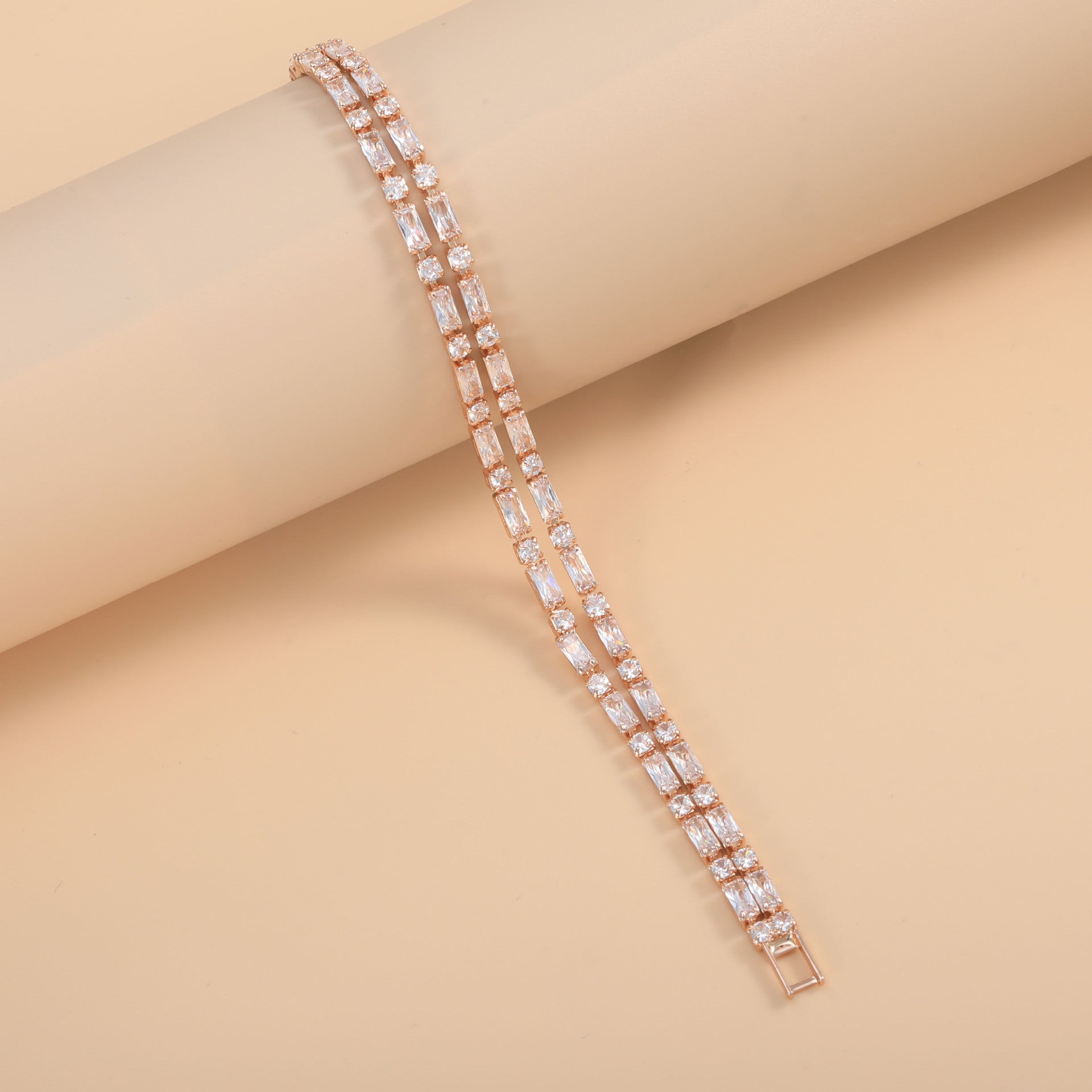 Wholesale Layered Baguette Rose Silver Yellow Gold CZ Copper Bracelet
