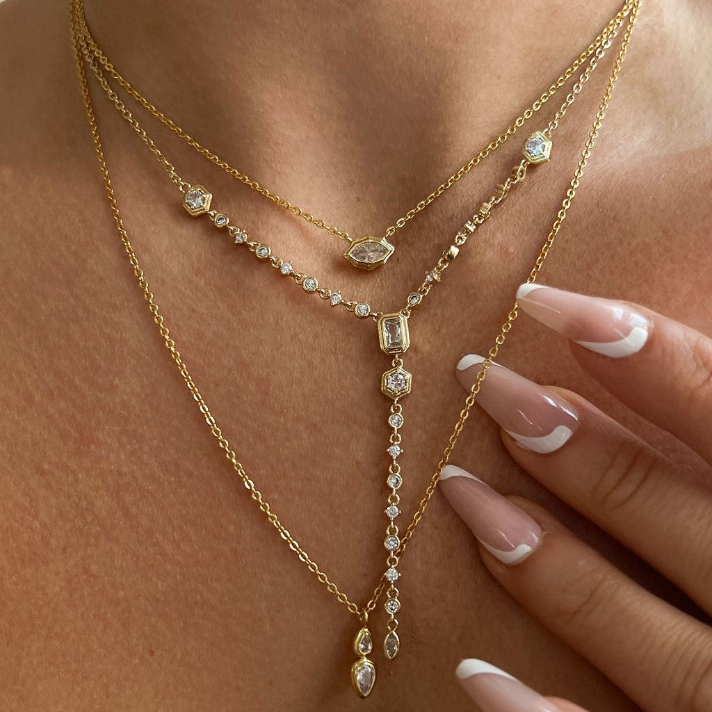 Dual Drop Solitaire CZ Gold Anti Tarnish Necklace Pendant Chain Bulk Secondary image