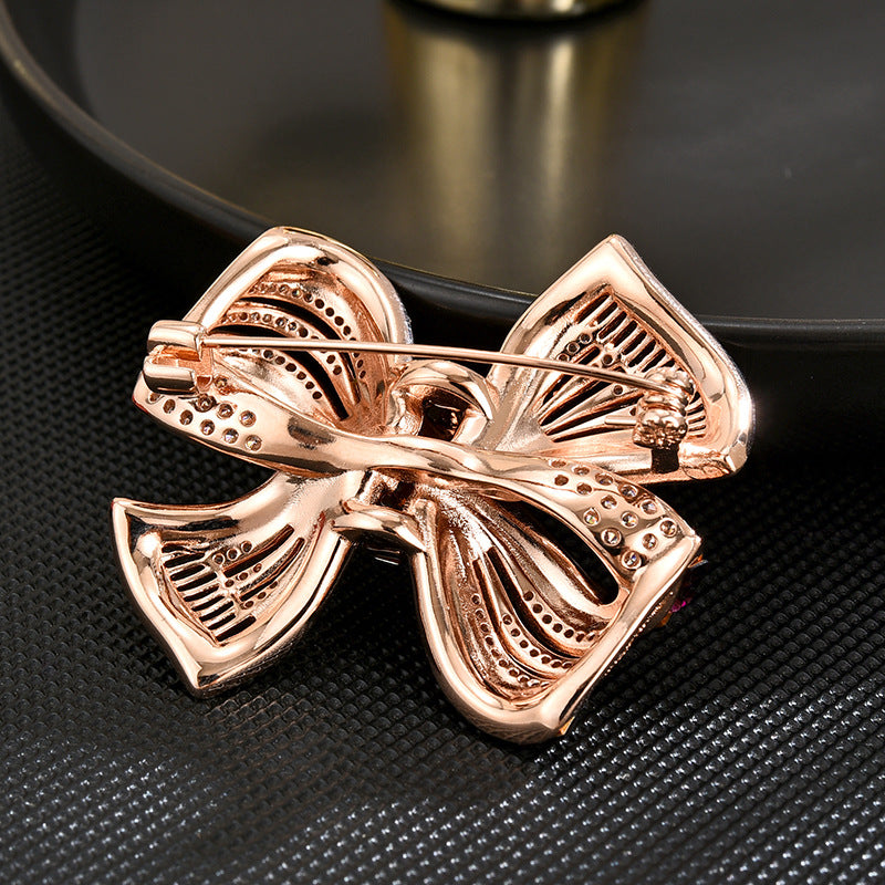 Rose Gold Plated Bow Burgundy Baguette CZ Enamel Copper Brooch Bulk