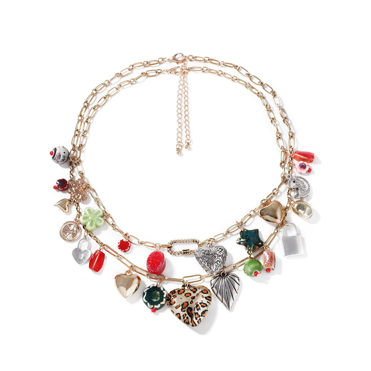 Dual Layer 18K Gold Heart Various Pieces Of Charm Necklace Women Bulk