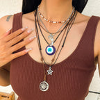 Star Moon Evil Eye Beads Silver Layer Necklace Pendant Chain Bulk