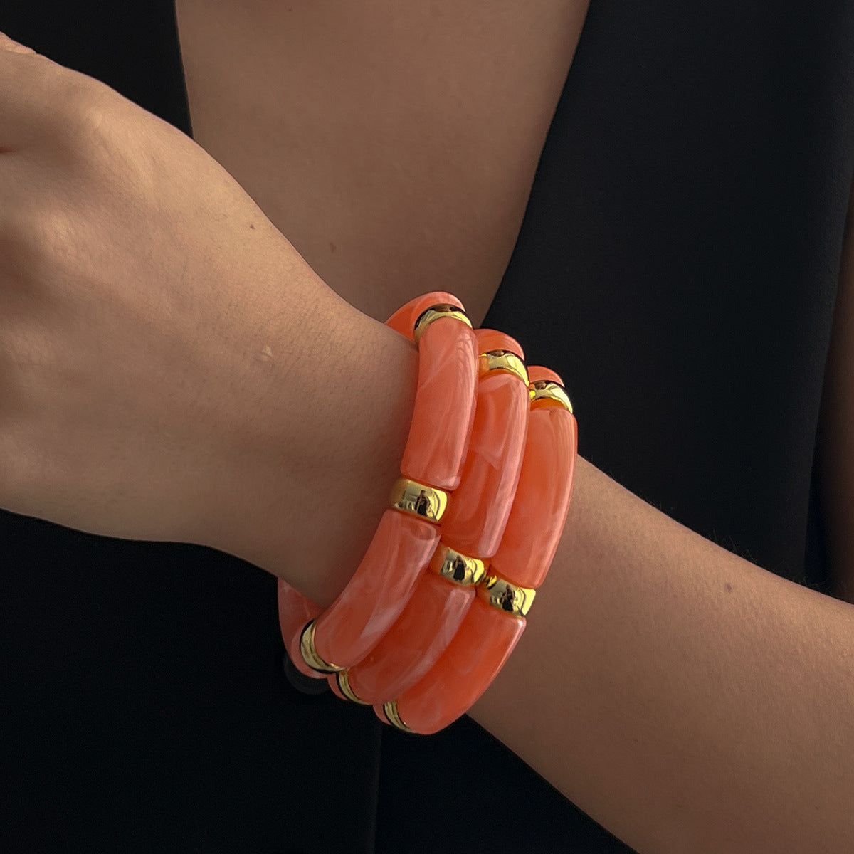 Glossy Acrylic Multi 18K Gold Stainless Steel Anti Tarnish Stackable Elastic Bracelet For Women