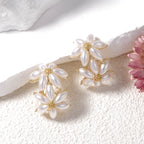 Dual Flower Pearl White 18K Gold Stud Earring For Women Bulk