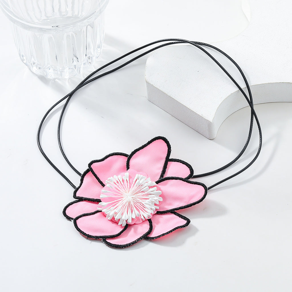 Flower Colorful Pink Green White With Black Boarder Cloth Necklace For Women
