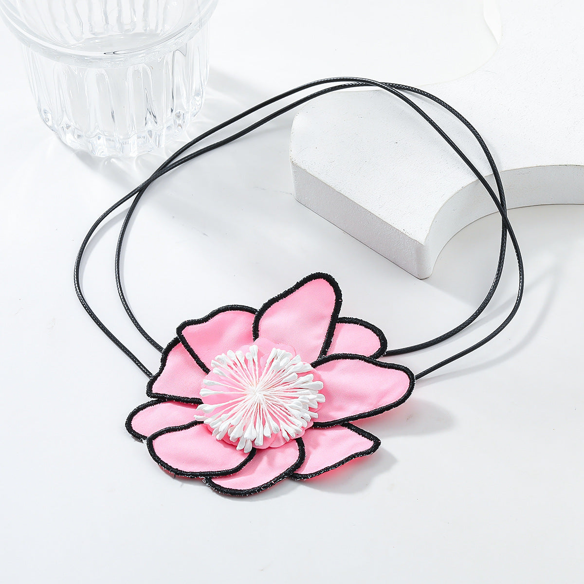 Flower Colorful Pink Green White With Black Boarder Cloth Necklace For Women